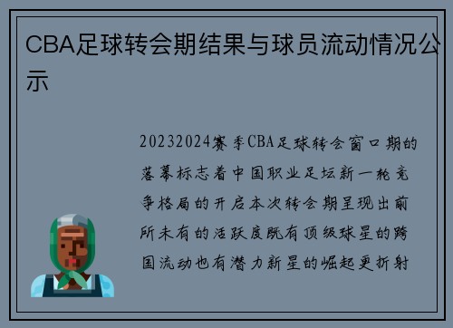 CBA足球转会期结果与球员流动情况公示